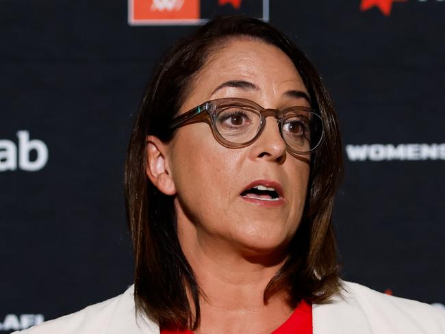 MELBOURNE, AUSTRALIA - NOVEMBER 08: Nicole Livingstone, General Manager - Women's Football of the AFL speaks to the media during the 2023 NAB AFLW Finals Series Launch Media Opportunity at AFL House on November 08, 2023 in Melbourne, Australia. (Photo by Dylan Burns/AFL Photos via Getty Images)