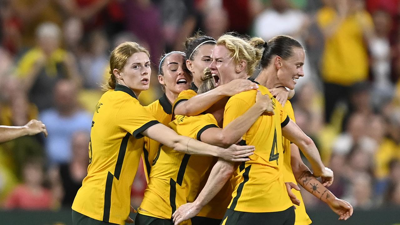 TOWNSVILLE, AUSTRALIA - APRIL 08: Emily Van Egmond of Australia celebrates after scoring a goalduring the International Women's match between the Australia Matildas and the New Zealand Football Ferns at Queensland Country Bank Stadium on April 08, 2022 in Townsville, Australia. (Photo by Ian Hitchcock/Getty Images)