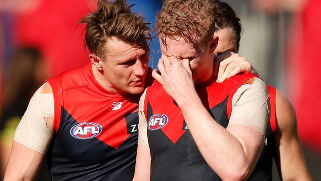 Aaron vandenBerg and Clayton Oliver felt the pain after the Demons’ preliminary final exit. Pic: Getty Images