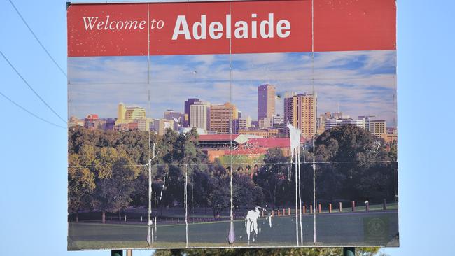 The outdated, aging and battered ‘Welcome to Adelaide’ sign on Port Wakefield Road, in Angle Vale. Picture: AAP / Keryn Stevens