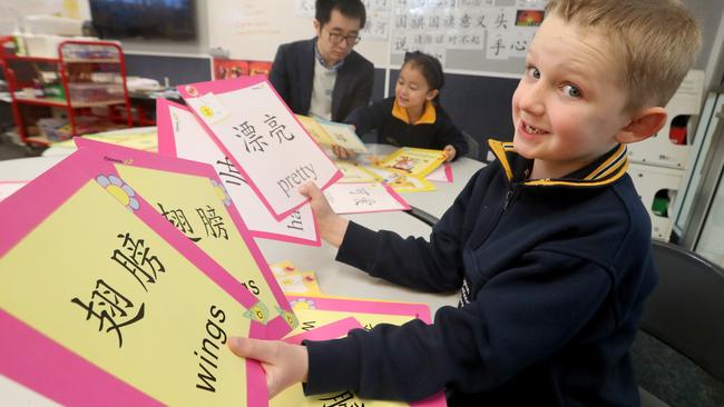 Adelaide student Americo Beecken sifts through some word cards while teacher Erik Ma helps Meu Li Panteladis. Picture: Kelly Barnes