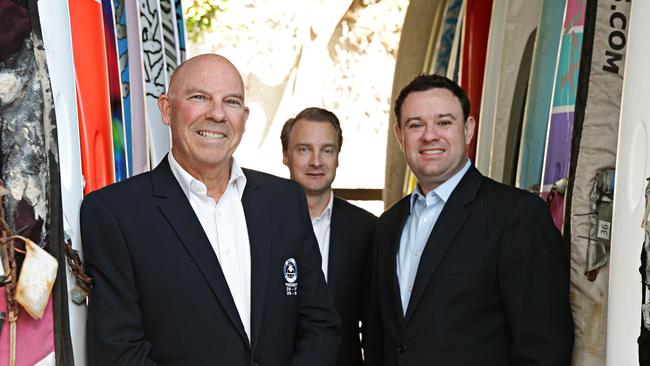 Manly SLSC president Chris Bell, Manly MP James Griffin and Sports Minister Stuart Ayres at Manly Surf Life Saving club. Picture: Adam Yip / Manly Daily