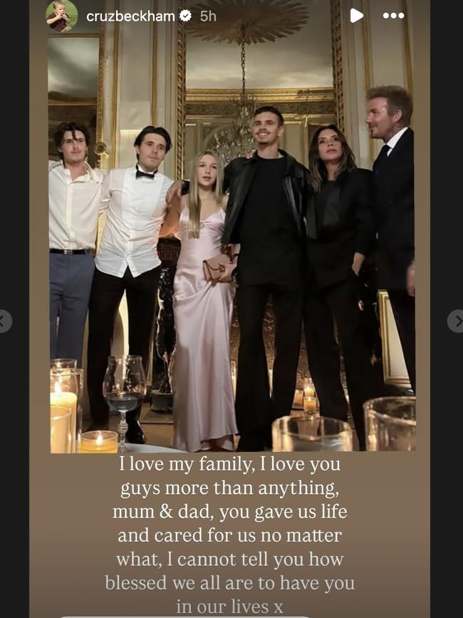 Cruz Beckham posted what appears to be a retort to his brother, Brooklyn Beckham’s “I only choose you baby” post, on his Instagram stories. Picture: Supplied