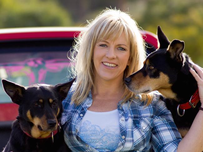 Author Rachael Treasure and Casterton Kelpie Bagala Connie on the left bred by Ian O'Connell and Tasmanian-bred Kelpie Rousie.