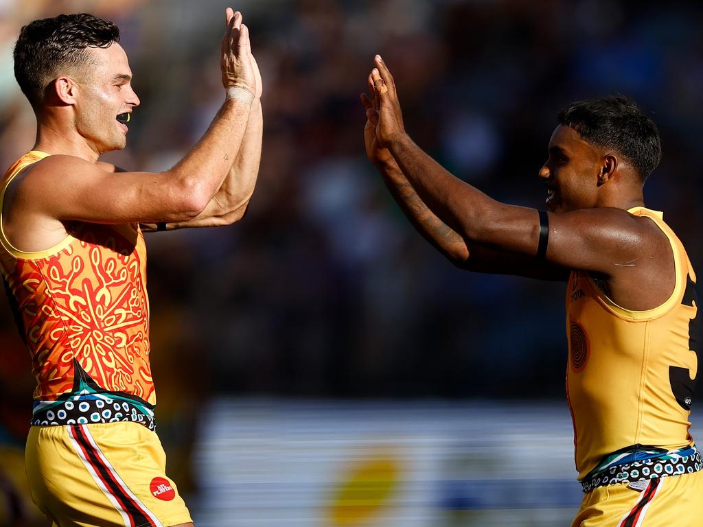 AFL chief executive Andrew Dillon said representative football was best “when the players are highly engaged”. Karl Amon, left, and Kysaiah Pickett of the All Stars celebrate during the match against the Fremantle Dockers. Picture: Michael Willson/AFL Photos via Getty Images