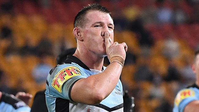 Paul Gallen tells the crowd to quieten down after the game. Picture: AAP Image/Dave Hunt