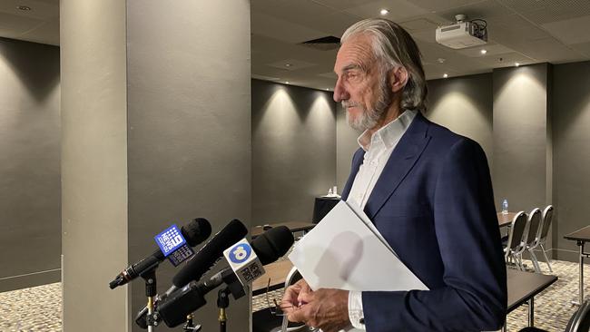 Maddens Lawyers Special Counsel Brendan Pendergast addressing the media in Adelaide. Picture: Gabriel Polychronis