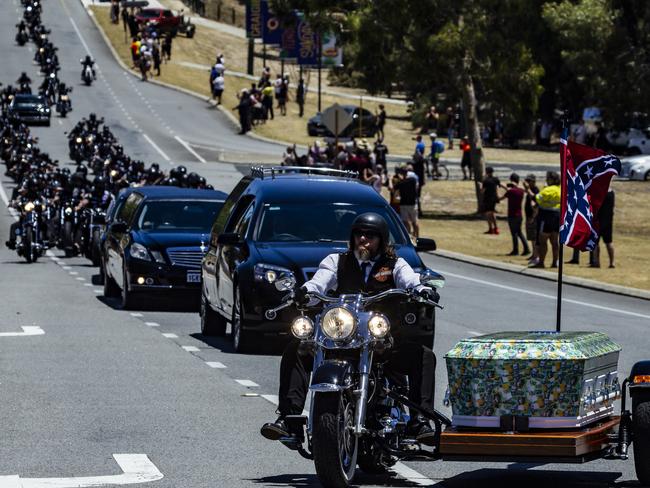 A convoy of Rebels members escort their former president, Nick Martin, to his final resting place at Pinnaroo cemetery north of Perth. Picture: NCA NewsWire / Tony McDonough