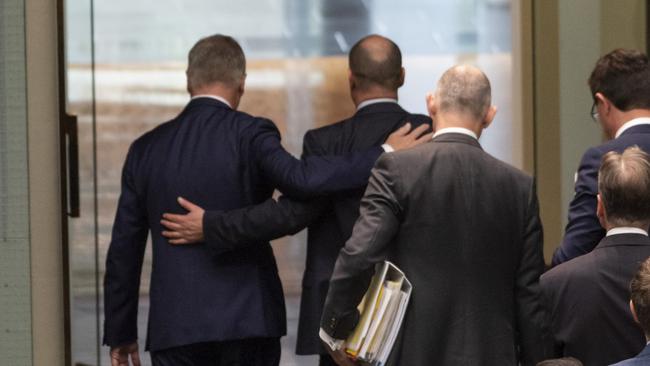 Michael McCormack and Josh Frydenberg leave Question Time yesterday. Picture: NCA NewsWire / Martin Ollman