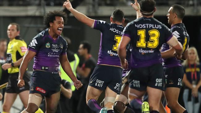 Felise Kaufusi scores a try in Storm’s 2017 grand final win. Picture. Phil Hillyard