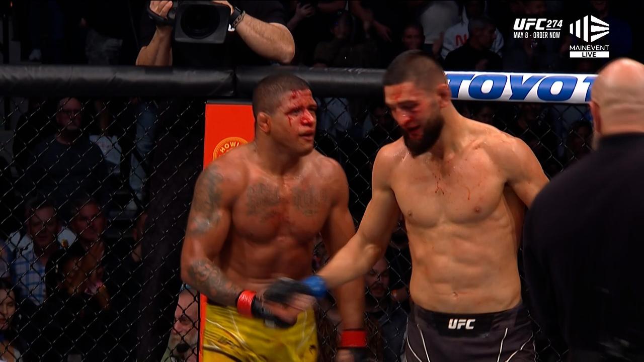 Khamzat Chimaev and Gilbert Burns after their epic fight.