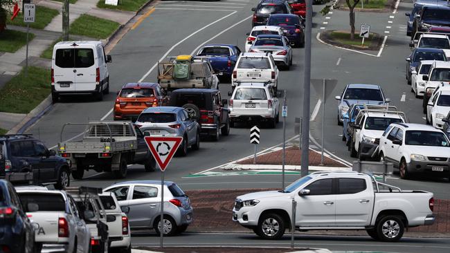 Massive traffic chaos as roads in Beenleigh were cut by flood waters. PHOTO: NIGEL HALLETT