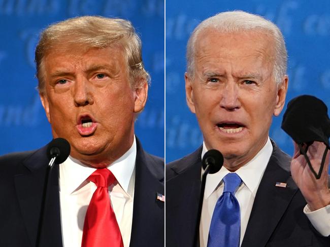 (COMBO) This combination of pictures created on October 22, 2020 shows US President Donald Trump and Democratic Presidential candidate and former US Vice President Joe Biden during the final presidential debate at Belmont University in Nashville, Tennessee, on October 22, 2020. (Photos by JIM WATSON and Brendan Smialowski / AFP)