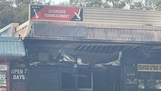 Queensland fireys called to suspicious fire at Ashmore Plaza Shopping Plaza. Several businesses were damaged including Ashmore Seafood and Takeaway, Ashmore Loan Office which were completely destroyed.