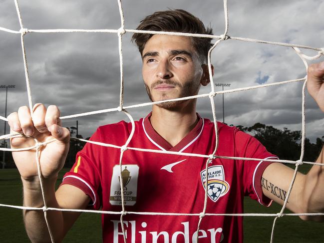 ADELAIDE, AUSTRALIA - OCTOBER 29: Josh Cavallo of the Adelaide United A-League Men's team poses during a portrait session at the Adelaide United Football Club Training Base on October 29, 2021 in Adelaide, Australia. (Photo by Sarah Reed/Getty Images)