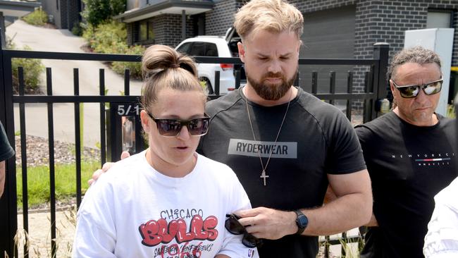 Natalie Gordon (Dr Gordon’s sister) and her partner Hayden Cook talk to media outside his Doncaster home. Picture: Andrew Henshaw