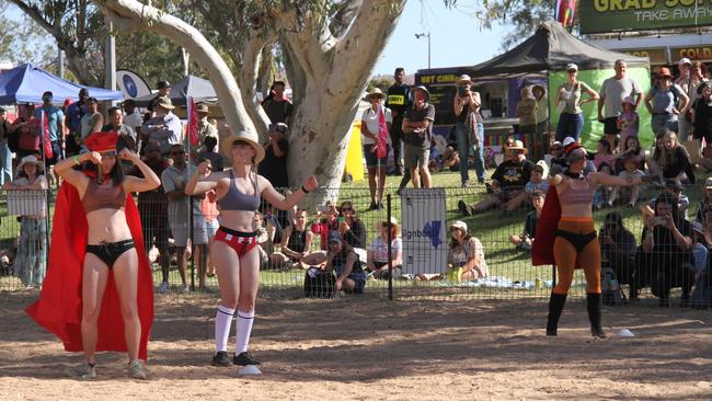 Competitors in the women’s budgie smugglers race enjoying the Henley on Todd in Alice Springs, Saturday, August 17, 2024. Picture: Gera Kazakov