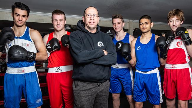 Murray Thomson (centre) with teenage fighters Oswald Hughes, Angus Napier, Jackson Bell, Pradipto Roy and Sonny Bell, in 2019. Picture: Sarah Matray