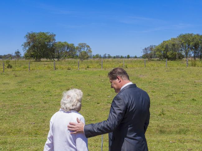 Cowper bus crash survivors Angela Ormisher and Glenn Askew have a chat looking over the highway at Cowper after the ceremony commemorating the 25th anniversary of the crash. Photo Adam Hourigan / The Daily Examiner