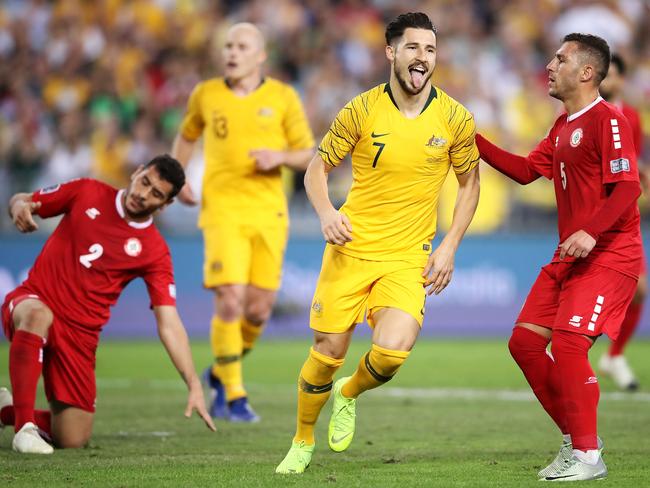 SYDNEY, AUSTRALIA - NOVEMBER 20: Matthew Leckie of Australia celebrates scoring a goal during the International Friendly Match between the Australian Socceroos and Lebanon at ANZ Stadium on November 20, 2018 in Sydney, Australia. (Photo by Mark Kolbe/Getty Images)