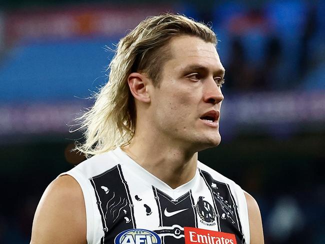 MELBOURNE, AUSTRALIA - JULY 05: Darcy Moore of the Magpies looks dejected after a loss during the 2024 AFL Round 17 match between the Collingwood Magpies and the Essendon Bombers at Melbourne Cricket Ground on July 05, 2024 in Melbourne, Australia. (Photo by Michael Willson/AFL Photos via Getty Images)