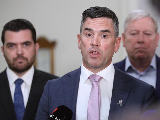 Brad Battin leaves the partyroom as the new Victorian Liberal leader. Picture: David Crosling