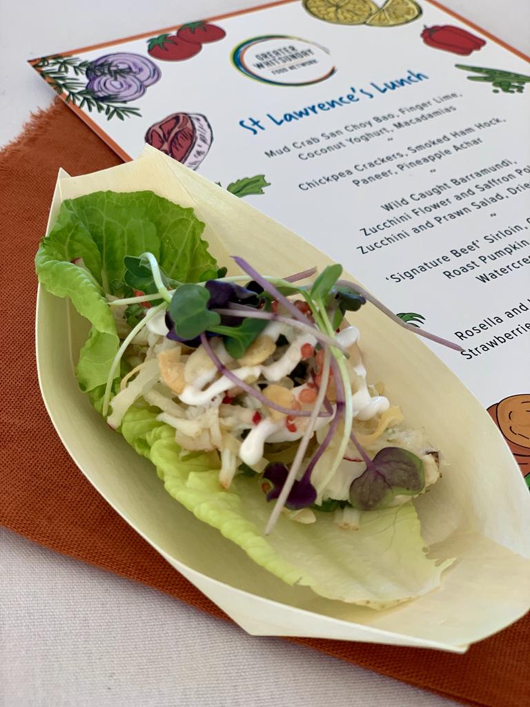 Part of a six-course meal at the 2021 St Lawrence Wetlands Weekend, with celebrity chef Matt Golinski, Pinnacle's The Flackyard chef Nik Flack and Glen Barratt from Wild Canary. Picture: Rae Wilson