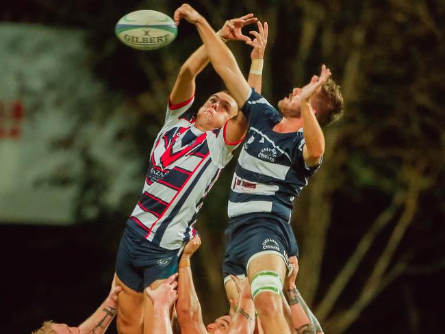 Casuarina and Palmerston forwards contest the ball in the lineout. Picture: Glenn Campbell