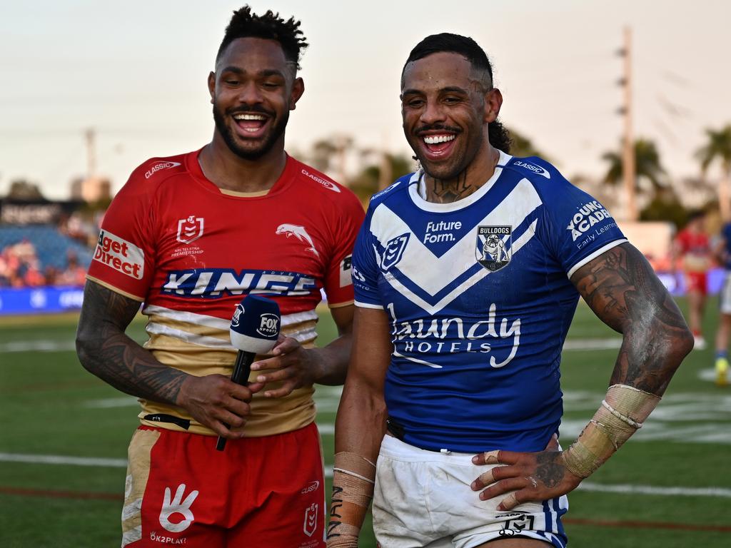 Hamiso Tabuai-Fidow and Josh Addo-Carr reflect on their Bundaberg foot race. Picture: Emily Barker/Getty Images