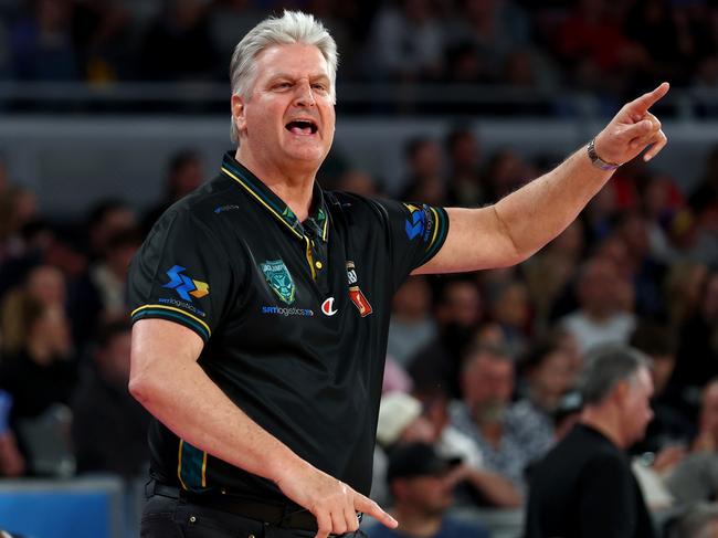 MELBOURNE, AUSTRALIA - DECEMBER 23: Jackjumpers Head Coach, Scott Roth gives instructions during the round 13 NBL match between Melbourne United and Tasmania Jackjumpers at John Cain Arena, on December 23, 2024, in Melbourne, Australia. (Photo by Josh Chadwick/Getty Images)