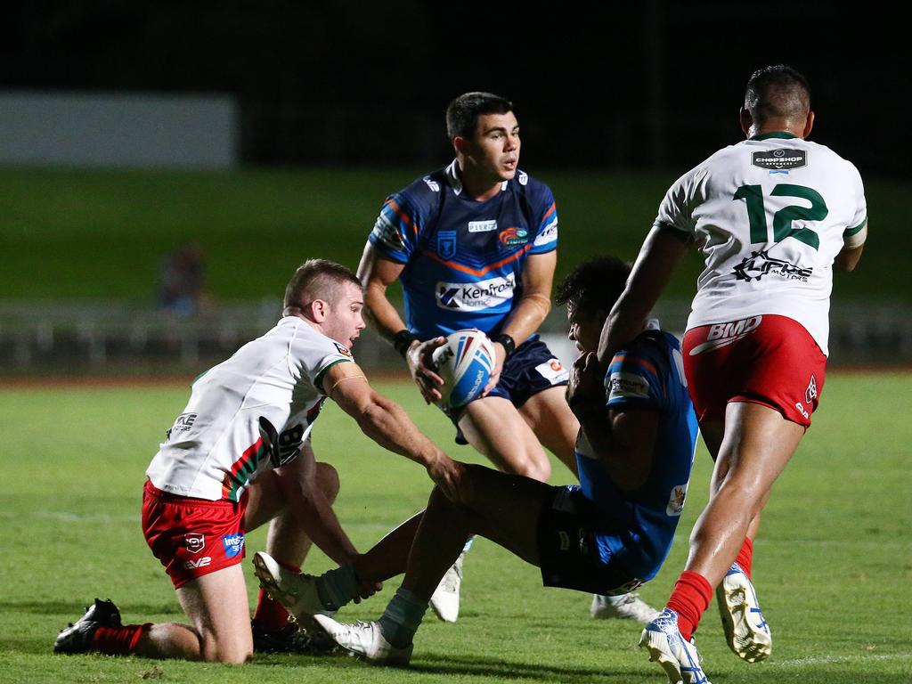 Pride's Jake Clifford did his best to lead his team in attack but couldn't overcome the Seagulls defence in the QRL ISC rugby league match between the Northern Pride and the Wynnum Manly Seagulls, held at Barlow Park. Picture: Brendan Radke