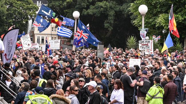 Protesters gather at Sydney’s Hyde Park. Picture: NCA NewsWire/Flavio Brancaleone