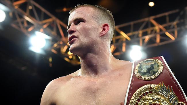BRISBANE, AUSTRALIA - JUNE 29: Liam Wilson celebrates victory after his bout with Matias Rueda during the Super Featherweight bout between Liam Wilson and Matias Carlos Adrian Rueda at Brisbane Convention & Exhibition Centre on June 29, 2022 in Brisbane, Australia. (Photo by Albert Perez/Getty Images)
