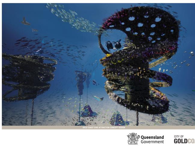 A concept image the for the dive attraction. The concept design comprises nine buoyant ‘sculptural reef flutes’ individually tethered to the sea floor by reinforced concrete and steel pyramids. Picture: Gold Coast City Council.