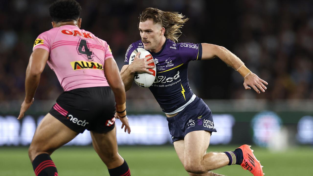 SYDNEY, AUSTRALIA - OCTOBER 06: Ryan Papenhuyzen of the Storm runs the ball during the 2024 NRL Grand Final match between the Melbourne Storm and the Penrith Panthers at Accor Stadium on October 06, 2024, in Sydney, Australia. (Photo by Cameron Spencer/Getty Images)