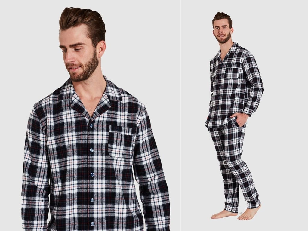 Mens Warm Traditional Flannel Cotton Check Winter Pyjama Set 