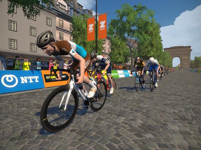 A mock-up of a scene from a new virtualised version of the Tour de France that begins this weekend. Official Tour de France riders including several from Australia will take part. Picture: Zwift.