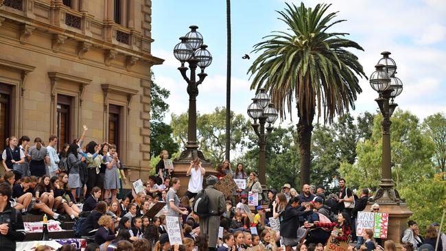 Students gather outside Melbournes Old Treasury building Spring Street in a protest for action on Climate Change. Picture: Jason Edwards