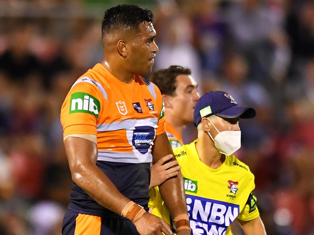 Saifiti was helped from the field on Sunday afternoon. (Photo by Albert Perez/Getty Images)