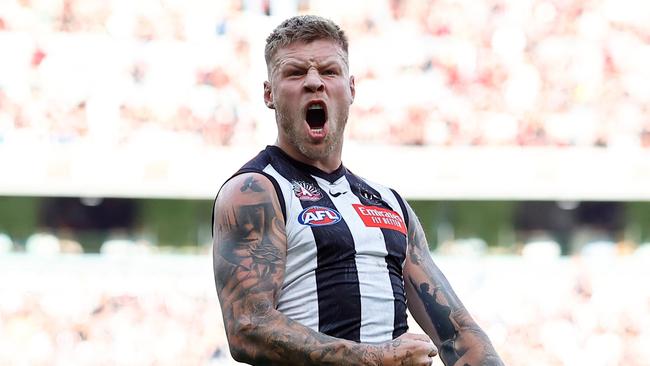 MELBOURNE, AUSTRALIA - APRIL 25: Jordan De Goey of the Magpies celebrates a goal during the 2023 AFL Round 06 match between the Collingwood Magpies and the Essendon Bombers at the Melbourne Cricket Ground on April 25, 2023 in Melbourne, Australia. (Photo by Dylan Burns/AFL Photos via Getty Images)