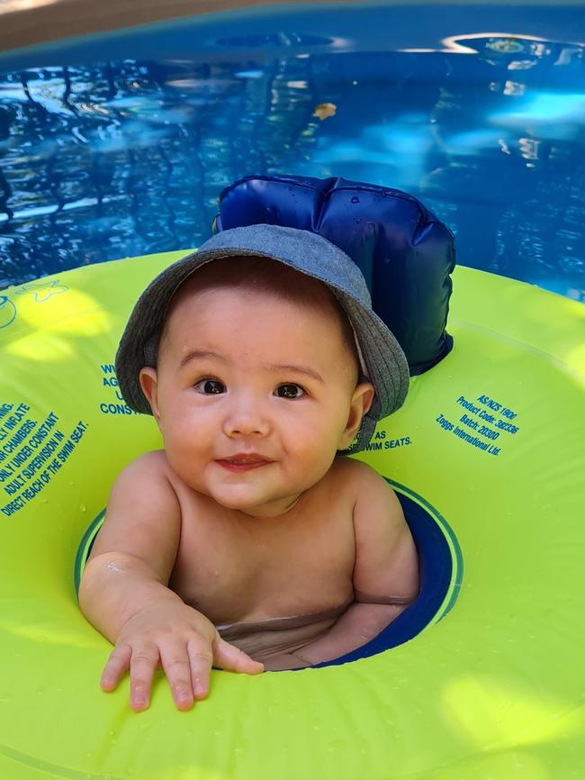 Crixus Khan Goodrich at five months old in their first time in the pool. Picture: Ness Stehlin