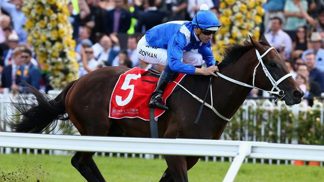 SYDNEY, AUSTRALIA - MARCH 19: Hugh Bowman riding Winx wins Race 5 in The China Horse Club George Ryder Stakes during Golden Slipper Day at Rosehill Gardens on March 19, 2016 in Sydney, Australia. (Photo by Jason McCawley/Getty Images)