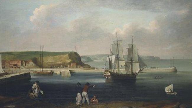 Earl of Pembroke, later HMS Endeavour, leaving Whitby Harbour in 1768. Painting: Thomas Luny, 1790.