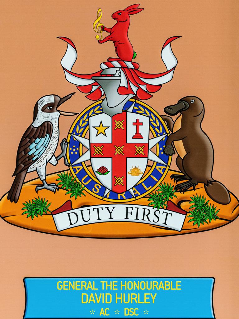 David Hurley’s personal crest includes a red rabbit with a green tail.