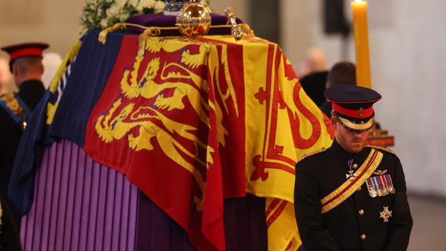 Prince Harry during a vigil around the coffin of the Queen in Westminster Hall at the weekend. Picture: AFP