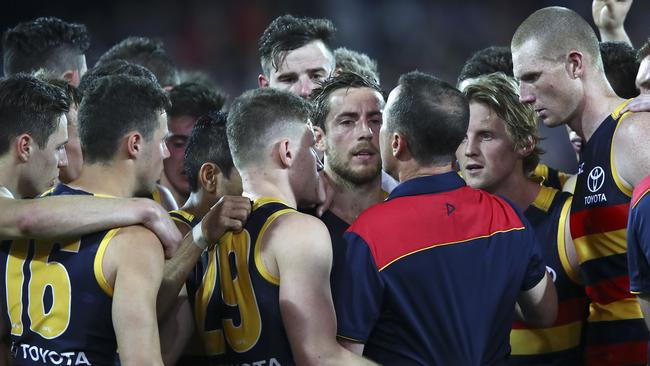 Don Pyke addressing the Crows at three-quarter time of the 2017 preliminary final against Geelong. Picture: Sarah Reed