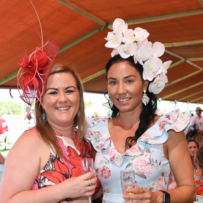 Tameka Meehan and Jade Albion at the Darwin Turf Club Bridge Toyota Ladies' Day / Derby Day. Picture: KATRINA BRIDGEFORD