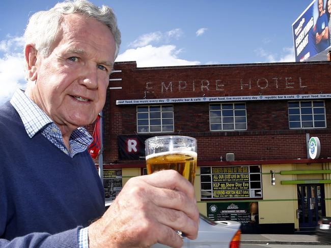 Ray Groom toasts his former teammate and friend at the Empire Hotel – now known as the Republic Bar – where Max Walker grew up. Picture: KIM EISZELE