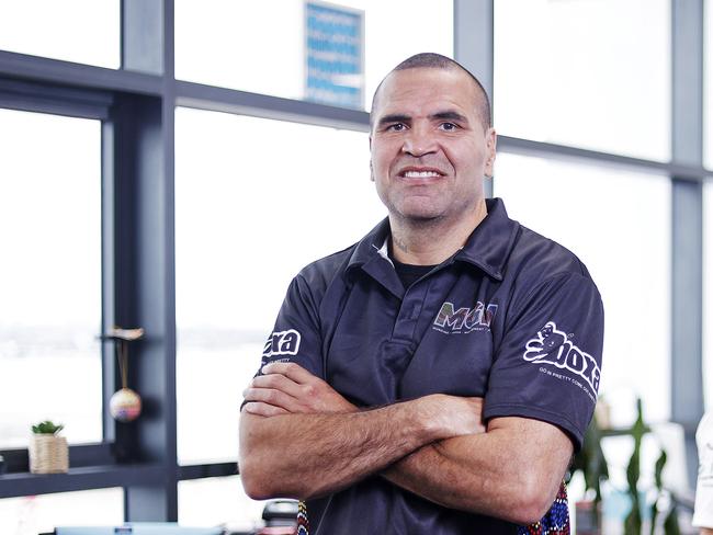 WEEKEND TELEGRAPH - 19.19.23MUST NOT PUBLISH BEFORE CLEARING WITH PIC EDITOR - Ex boxer and NRL player Anthony Mundine (left) pictured in his Mascot offices today with business partner Gosh Daher.  Picture: Sam Ruttyn