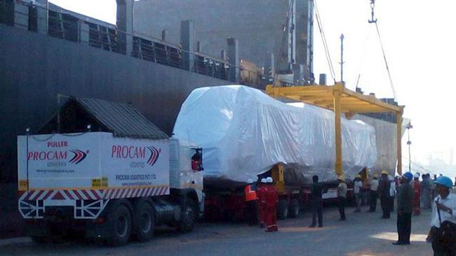 The latest of the New Generation Rollingstock trains bound for Brisbane being shipped from Mumbai. Picture: Mumbai Port Trust